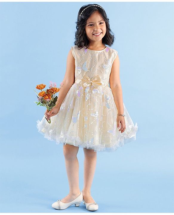 Babyhug Sleeveless Party Wear Mesh Frock With Sequin Embroidery & Bow Applique- Ivory