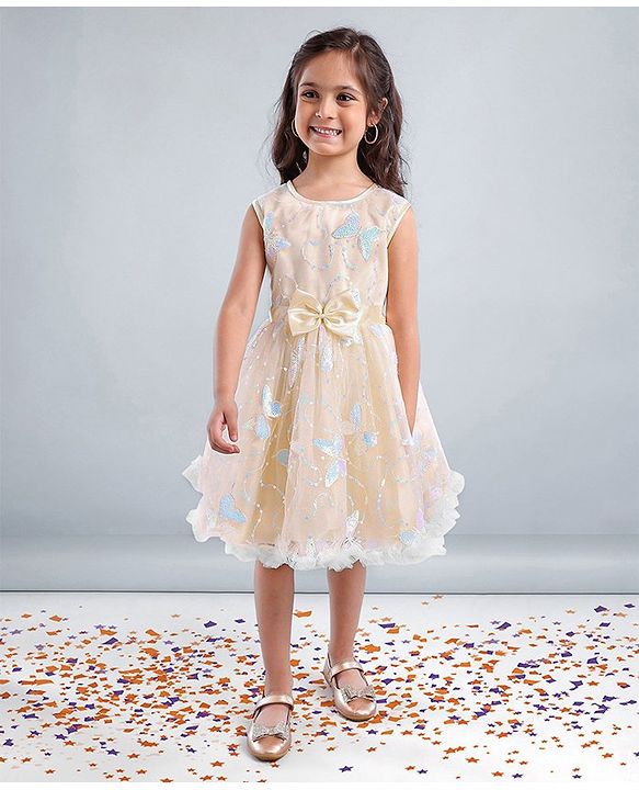 Babyhug Sleeveless Party Wear Mesh Frock With Sequin Embroidery & Bow Applique- Ivory