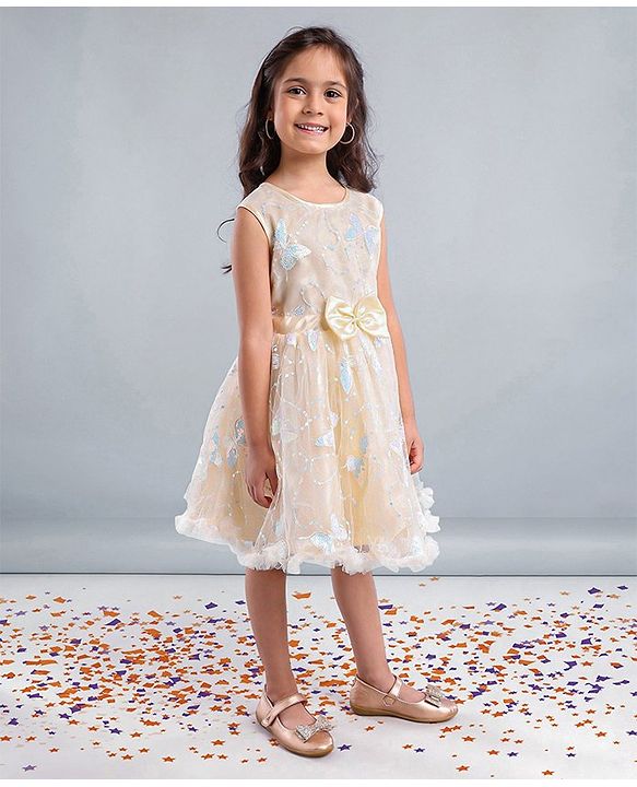 Babyhug Sleeveless Party Wear Mesh Frock With Sequin Embroidery & Bow Applique- Ivory
