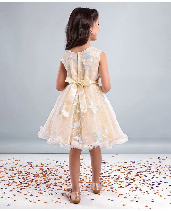 Babyhug Sleeveless Party Wear Mesh Frock With Sequin Embroidery & Bow Applique- Ivory