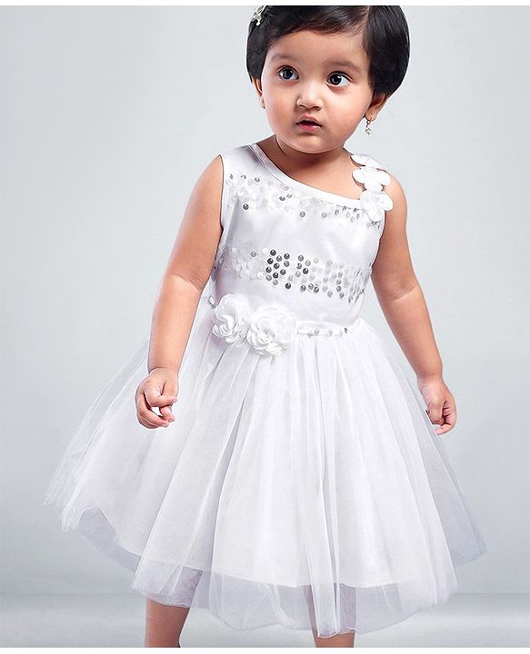 Babyhug Sleeveless Sequins Party Frock - White