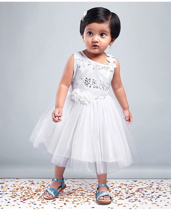 Babyhug Sleeveless Sequins Party Frock - White