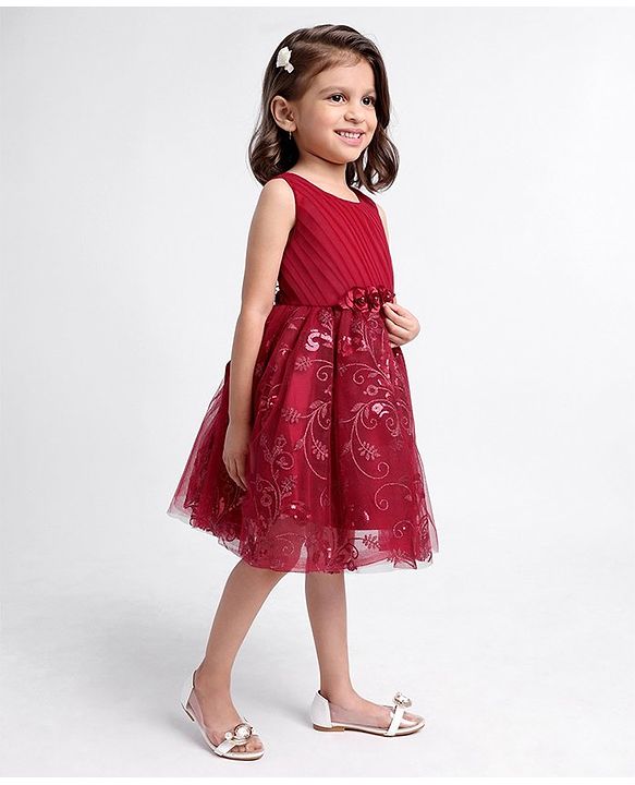 Babyhug Sleeveless Party Wear Frock Embroidered - Red