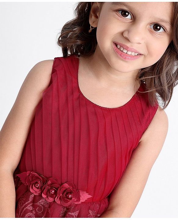 Babyhug Sleeveless Party Wear Frock Embroidered - Red