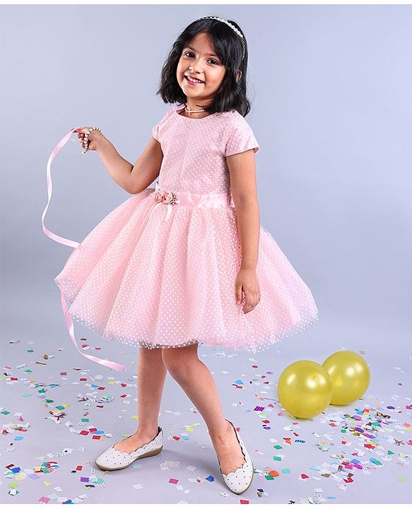 Babyhug Party Wear Cap Sleeves Frock Floral Appliques - Light Pink