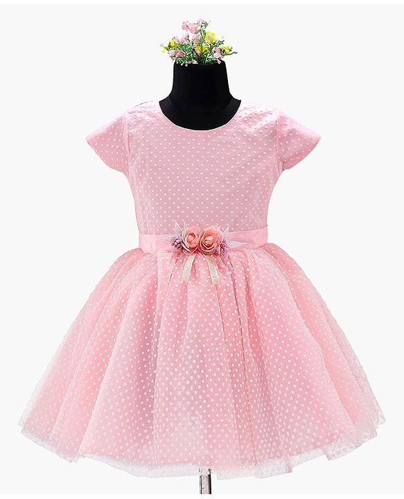Babyhug Party Wear Cap Sleeves Frock Floral Appliques - Light Pink