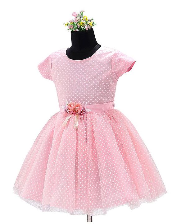 Babyhug Party Wear Cap Sleeves Frock Floral Appliques - Light Pink