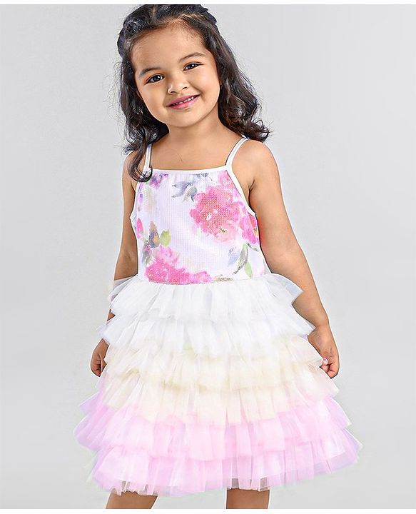 Babyhug Sleeveless Sequins Detailing Layered Party Frock - Multicolour