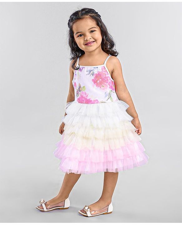 Babyhug Sleeveless Sequins Detailing Layered Party Frock - Multicolour