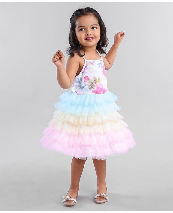 Babyhug Sleeveless Sequins Detailing Layered Party Frock - Multicolour