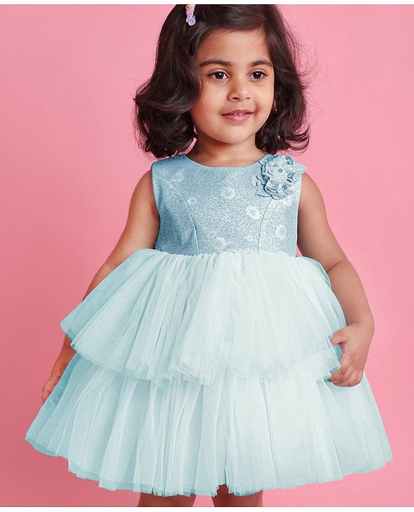 Babyhug Party Wear Sleeveless Frock Floral Appliques - Light Blue