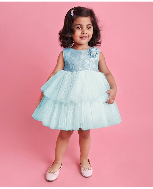 Babyhug Party Wear Sleeveless Frock Floral Appliques - Light Blue