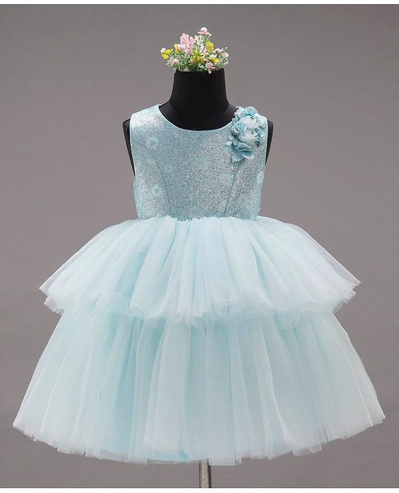 Babyhug Party Wear Sleeveless Frock Floral Appliques - Light Blue