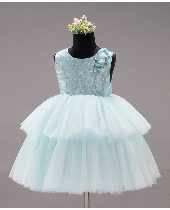 Babyhug Party Wear Sleeveless Frock Floral Appliques - Light Blue