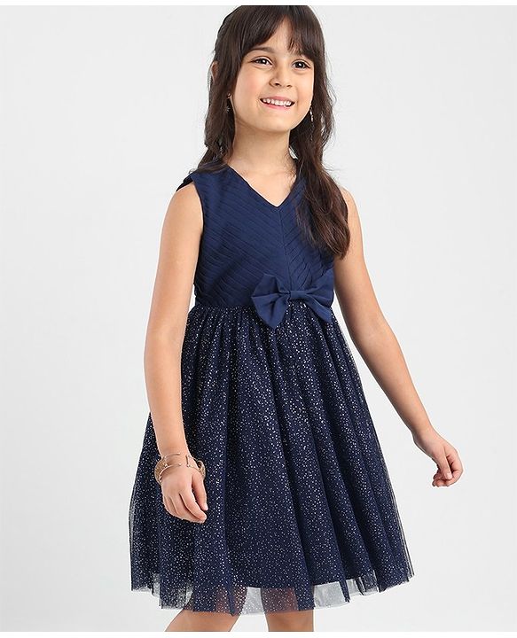 Babyhug Sleeveless Party Dress With Foil Print & Bow Corsage - Navy Blue