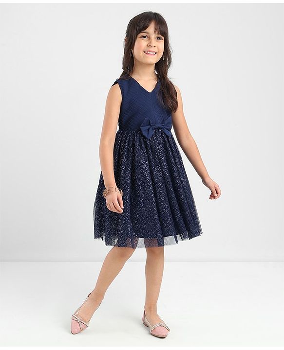 Babyhug Sleeveless Party Dress With Foil Print & Bow Corsage - Navy Blue