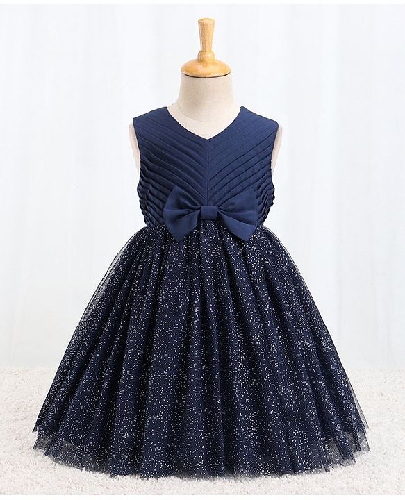 Babyhug Sleeveless Party Dress With Foil Print & Bow Corsage - Navy Blue