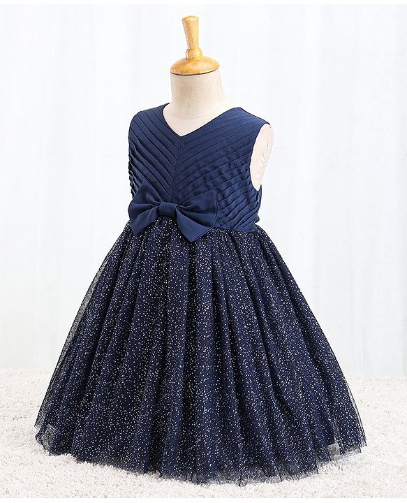 Babyhug Sleeveless Party Dress With Foil Print & Bow Corsage - Navy Blue