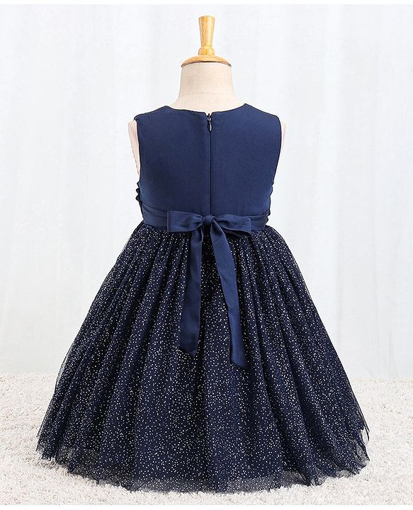 Babyhug Sleeveless Party Dress With Foil Print & Bow Corsage - Navy Blue