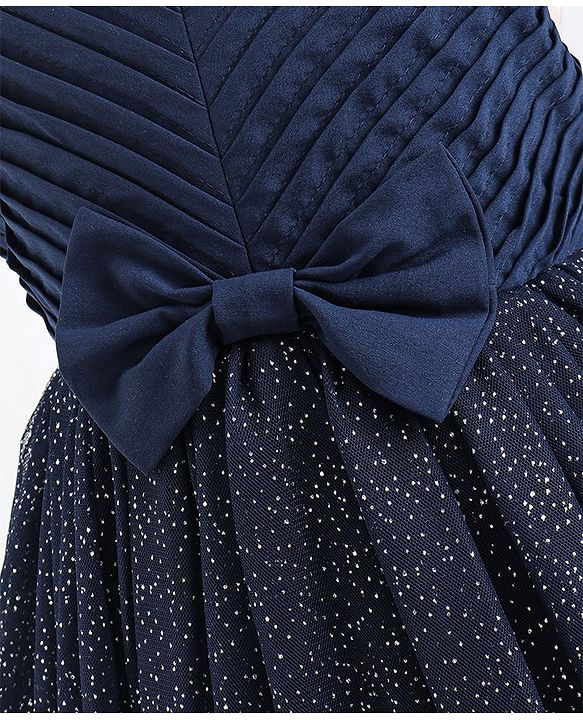 Babyhug Sleeveless Party Dress With Foil Print & Bow Corsage - Navy Blue