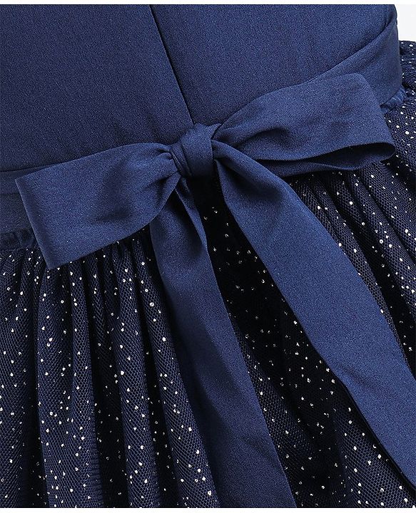 Babyhug Sleeveless Party Dress With Foil Print & Bow Corsage - Navy Blue