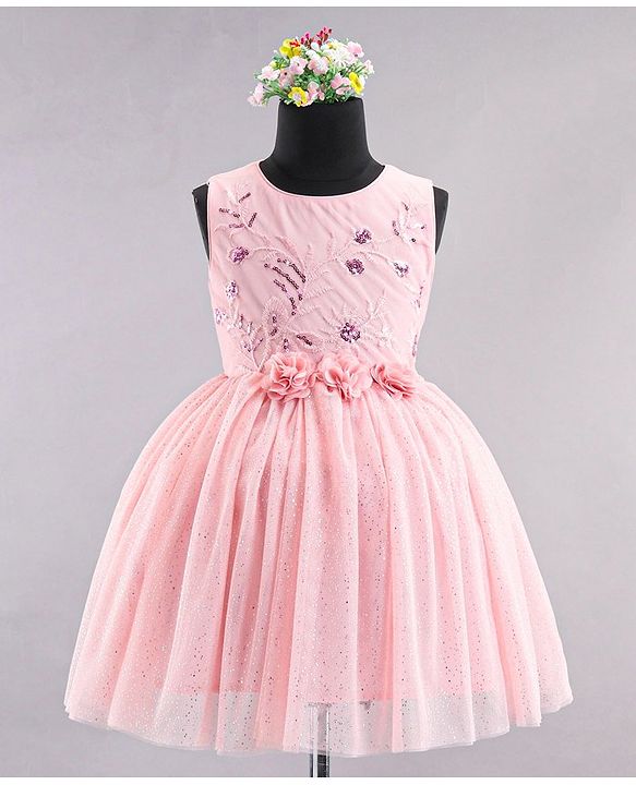 Babyhug Sleeveless Party Wear Frock With Sequinned & Floral Applique- Pink