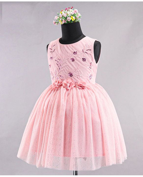 Babyhug Sleeveless Party Wear Frock With Sequinned & Floral Applique- Pink