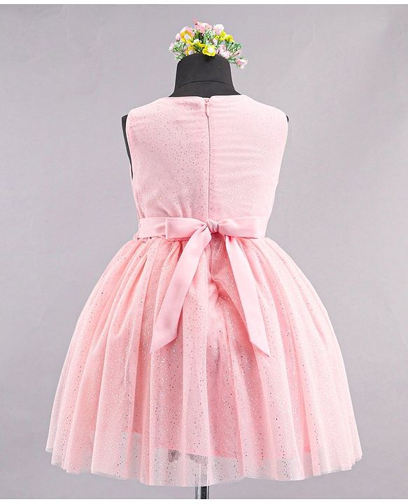 Babyhug Sleeveless Party Wear Frock With Sequinned & Floral Applique- Pink