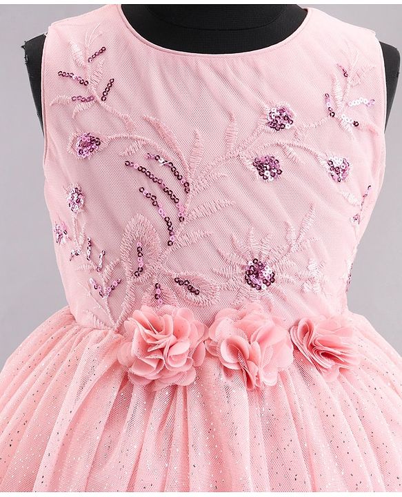 Babyhug Sleeveless Party Wear Frock With Sequinned & Floral Applique- Pink