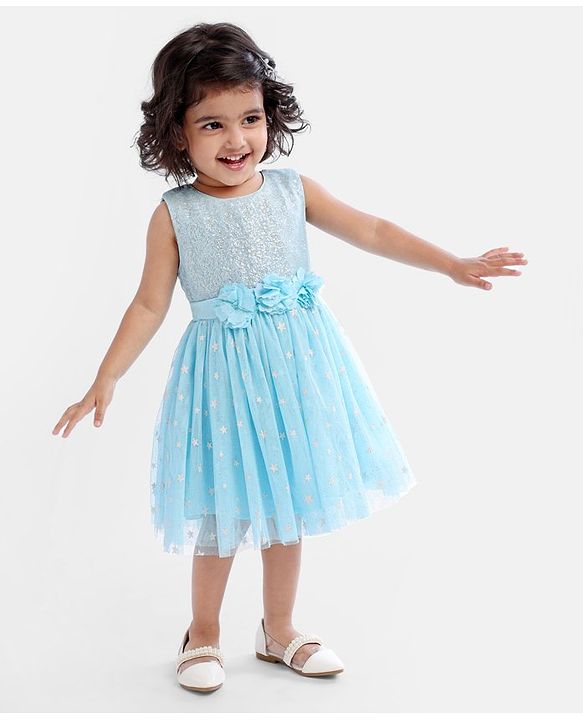 Babyhug Sleeveless Party Wear Sequin Frock - Light Blue