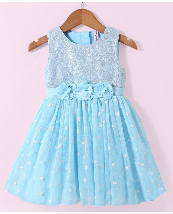 Babyhug Sleeveless Party Wear Sequin Frock - Light Blue