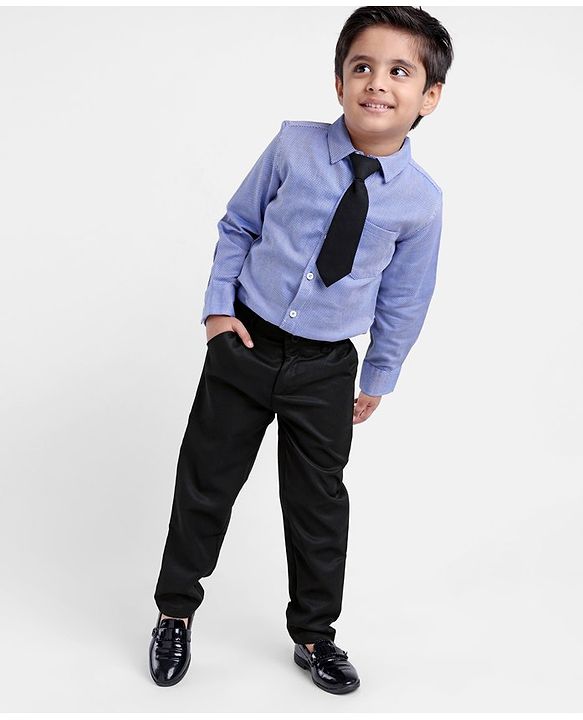 Babyhug Full Sleeves Shirt & Trouser With Tie Checked - Navy Black