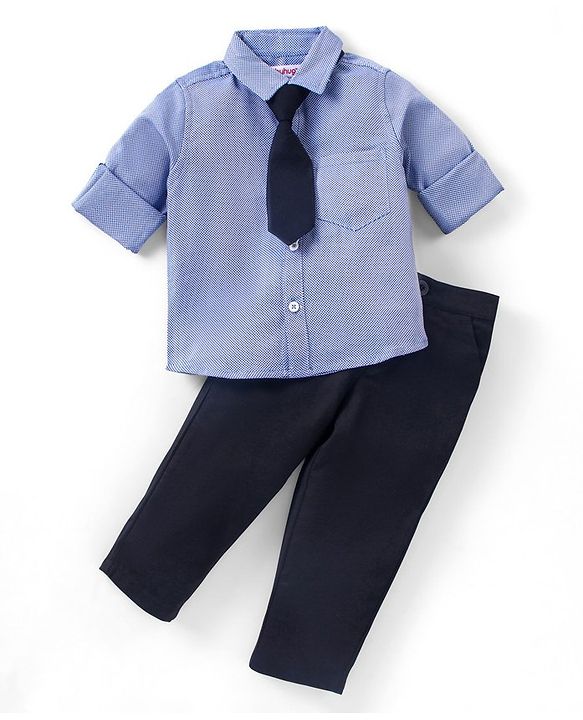 Babyhug Full Sleeves Shirt & Trouser With Tie Checked - Navy Black