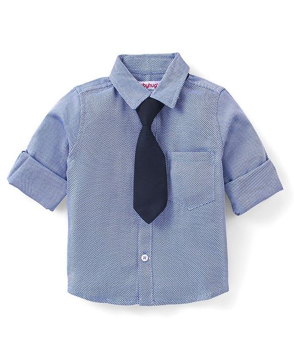 Babyhug Full Sleeves Shirt & Trouser With Tie Checked - Navy Black