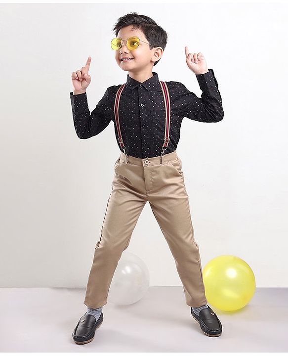 Babyhug Full Sleeves Printed Shirt & Trousers With Suspenders- Black Beige