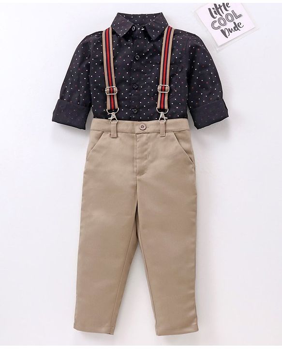 Babyhug Full Sleeves Printed Shirt & Trousers With Suspenders- Black Beige