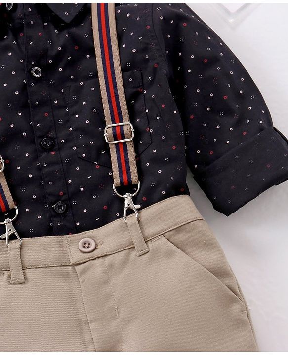 Babyhug Full Sleeves Printed Shirt & Trousers With Suspenders- Black Beige