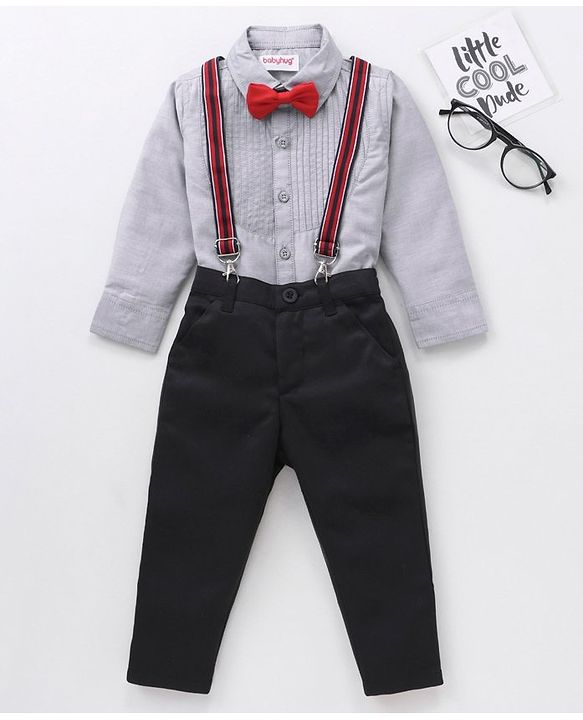 Babyhug Full Sleeves Pintucked Shirt & Trousers With Suspenders- Ash Grey