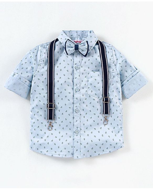 Babyhug Full Sleeves printed Party Shirt With Bow & Suspender - Blue