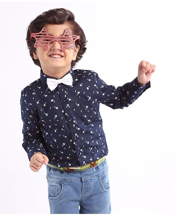 Babyhug Cotton Woven Full Sleeves Shirt with Bow All Over Print - Navy and Black
