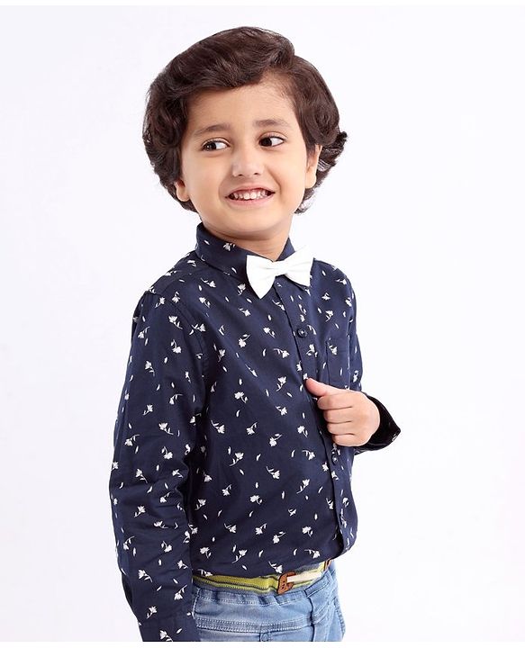 Babyhug Cotton Woven Full Sleeves Shirt with Bow All Over Print - Navy and Black