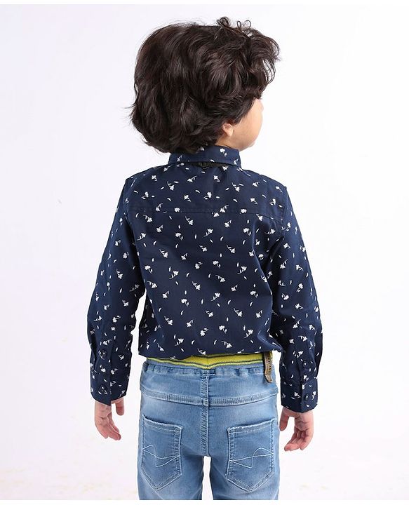 Babyhug Cotton Woven Full Sleeves Shirt with Bow All Over Print - Navy and Black