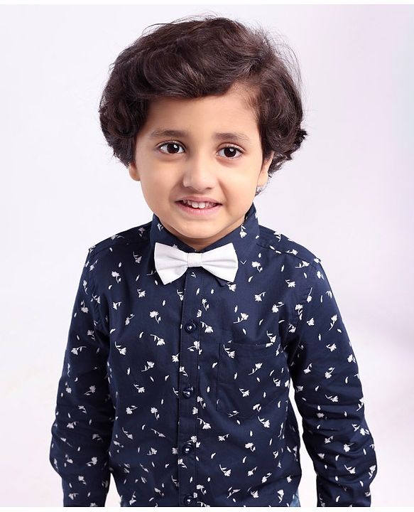Babyhug Cotton Woven Full Sleeves Shirt with Bow All Over Print - Navy and Black
