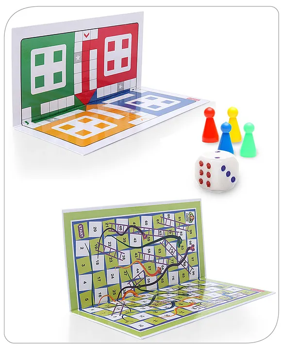 Ludo - Snakes & Ladders - Board Game - Foldable - with 4 Colours and 1 Dice