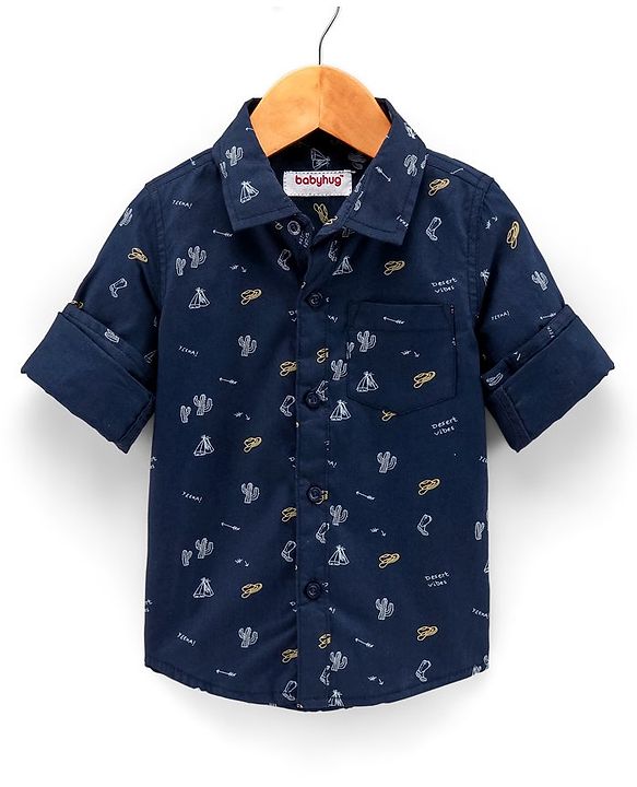 Babyhug 100% Cotton Full Sleeve Shirt Cactus Print - Navy