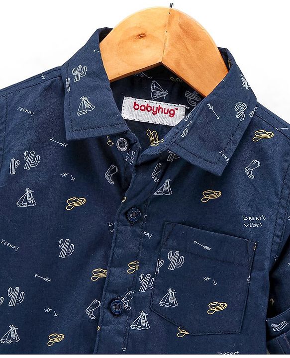 Babyhug 100% Cotton Full Sleeve Shirt Cactus Print - Navy