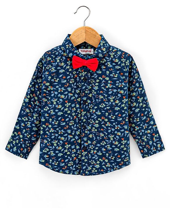 Babyhug Full Sleeves Party Wear Shirt With Bow - Navy Blue