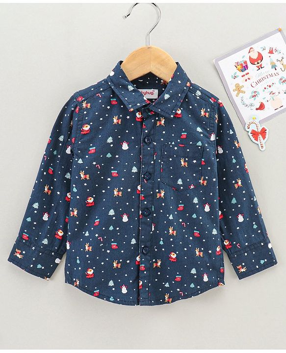 Babyhug Cotton Woven Full Sleeves Christmas Theme Printed Shirt - Navy