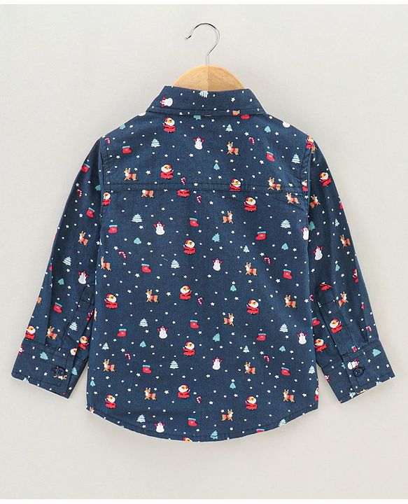 Babyhug Cotton Woven Full Sleeves Christmas Theme Printed Shirt - Navy