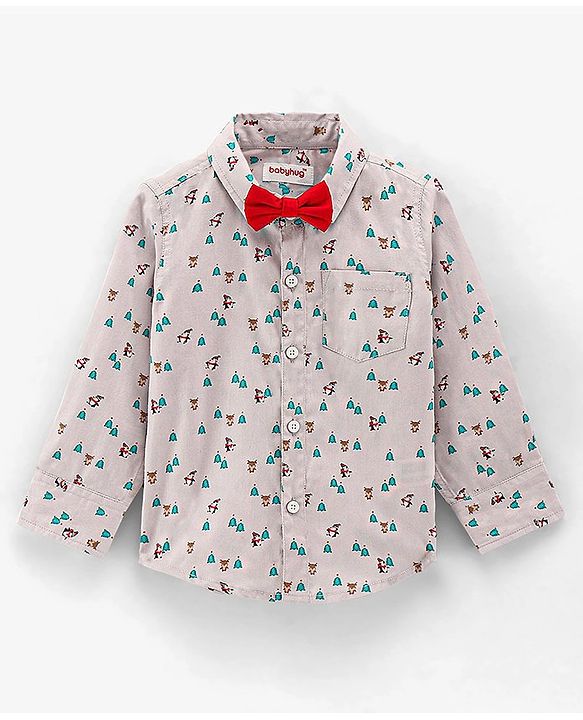 Babyhug Cotton Woven Full Sleeves Shirt with Bow Christmas Print - Blue and White